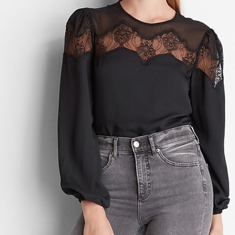 NWT Express Black Lace Sheer Long Sleeve Blouse with Puff Shoulders XS